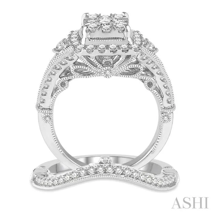 1 1/2 ctw Lovebright Diamond Wedding Set With 1 1/4 ctw Cushion Shape Engagement Ring and 1/4 ctw Arched Center Wedding Band in 14K White Gold