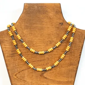 2 Strand Faux Navajo Pearl Necklace in Silver Tone with Yellow Beads