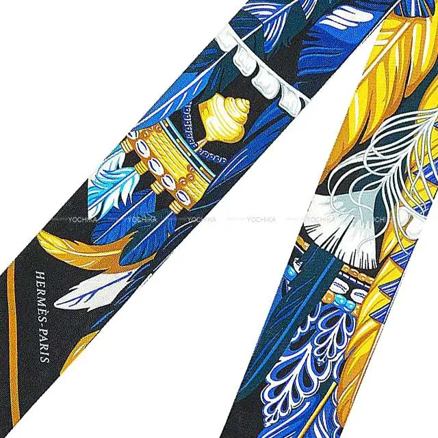 2021AW HERMES scarf Twilly Dance pacifique Blue Nuit/Jaune vif/Black Silk100%[EXCELLENT][Authentic]