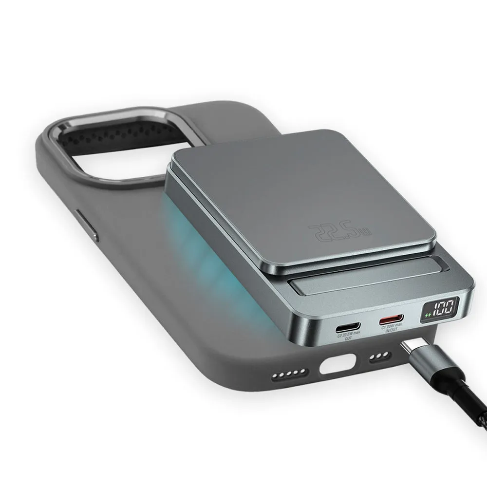 4Smarts iPhone 15 Plus OneStyle Silikone Cover - MagSafe Kompatibel - m. MagSafe Kompatibel PowerBank 22.5W 5000mAh & USB-C til USB-C kabel - Grå