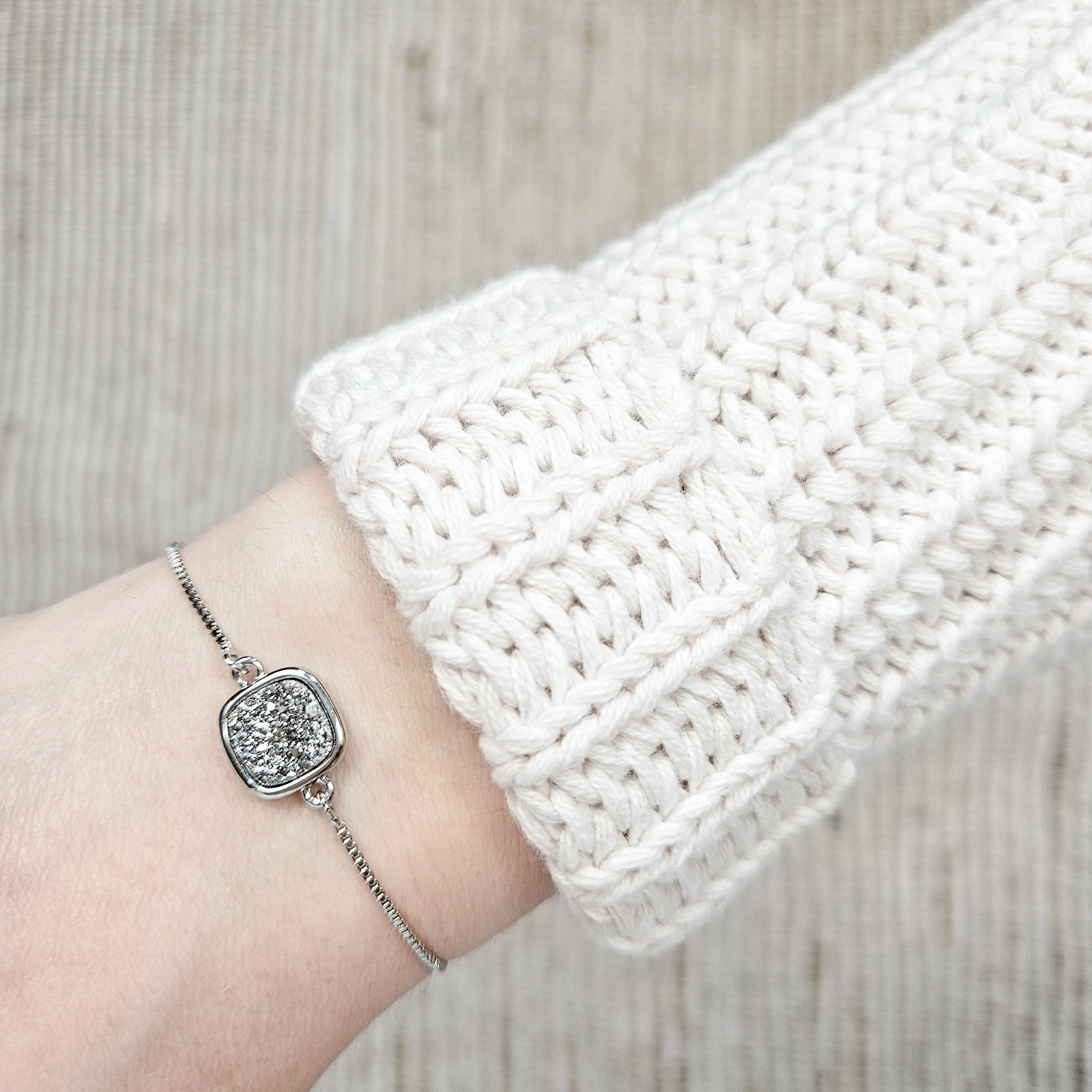 Adjustable Silver Druzy Quartz Crystal Bracelet