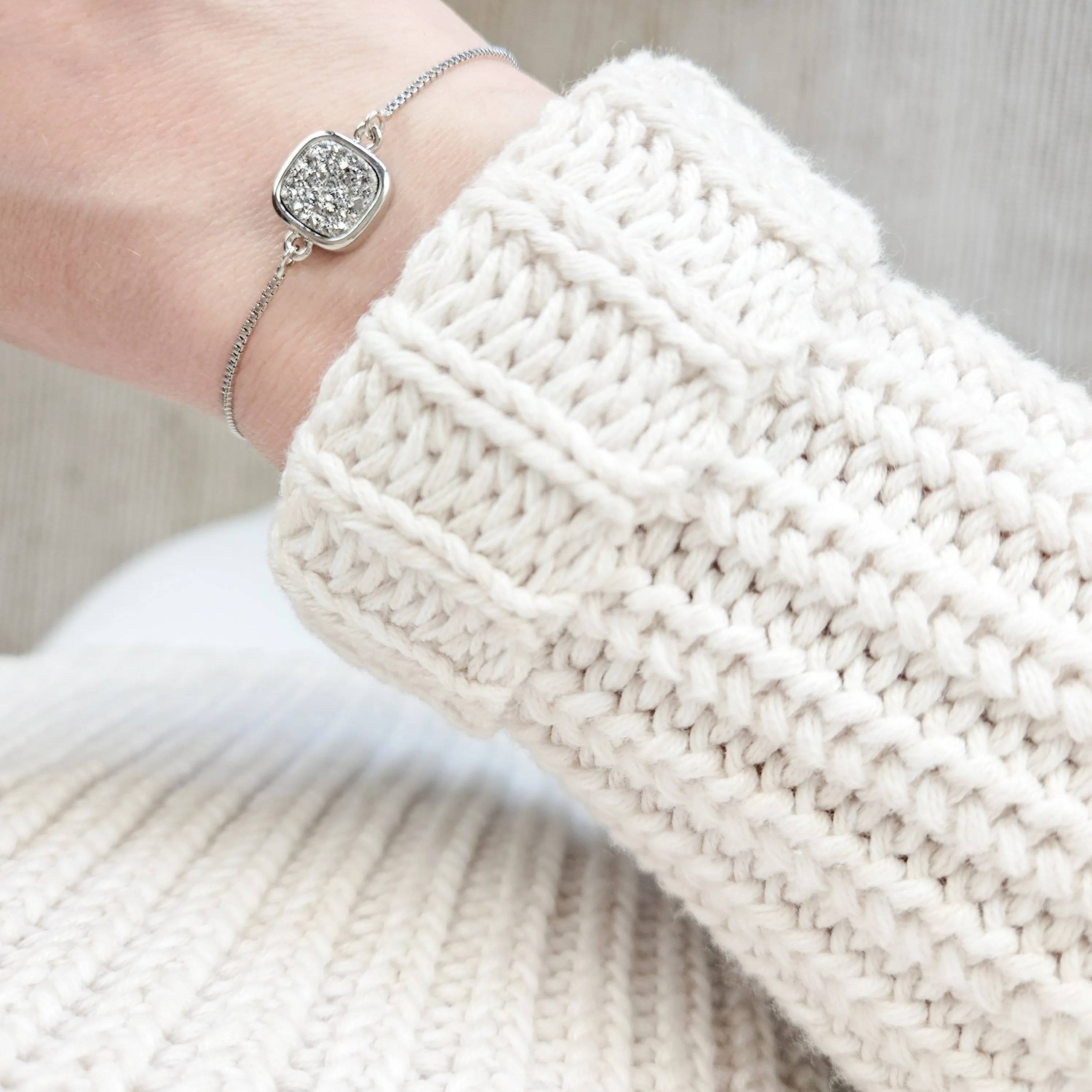 Adjustable Silver Druzy Quartz Crystal Bracelet