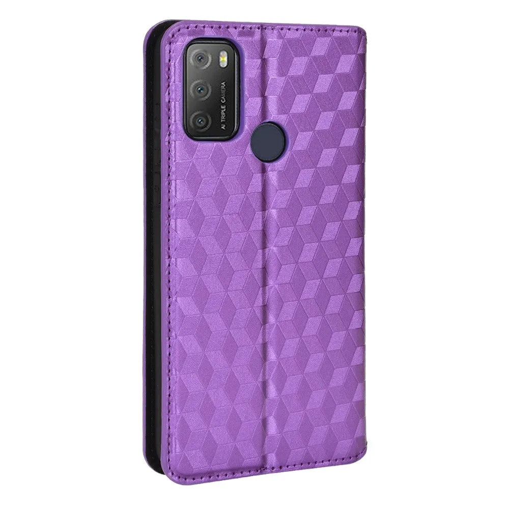 Alcatel 1S (2021) / 3L (2021) Læder Flip Cover m. Pung - Rhombus - Lilla