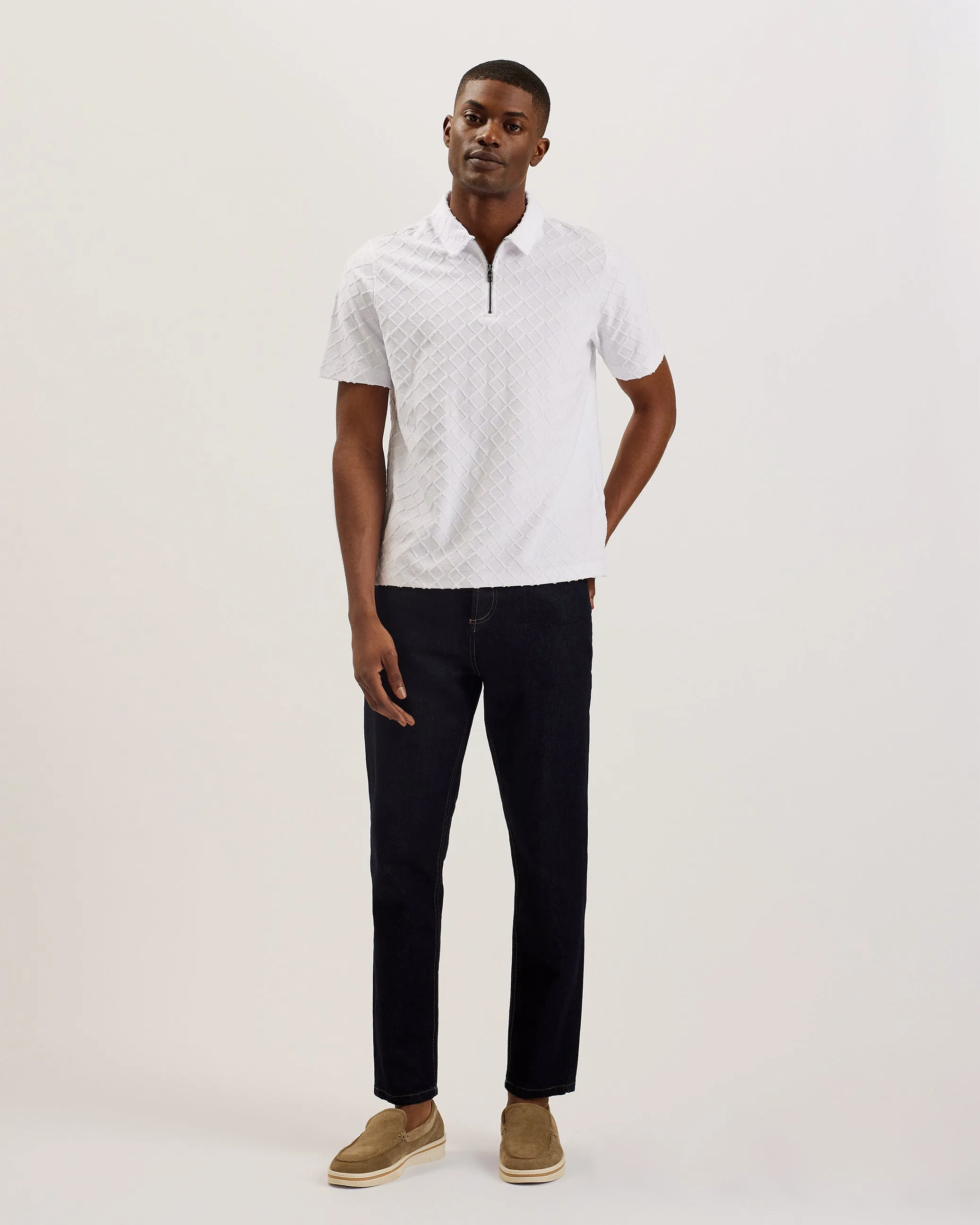 Ansom Zip-Neck Textured Towelling Cotton Polo White