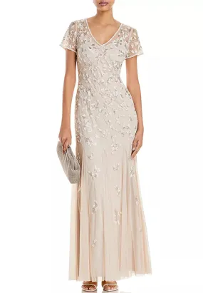 Beige V-Neck Beaded Godet Gown