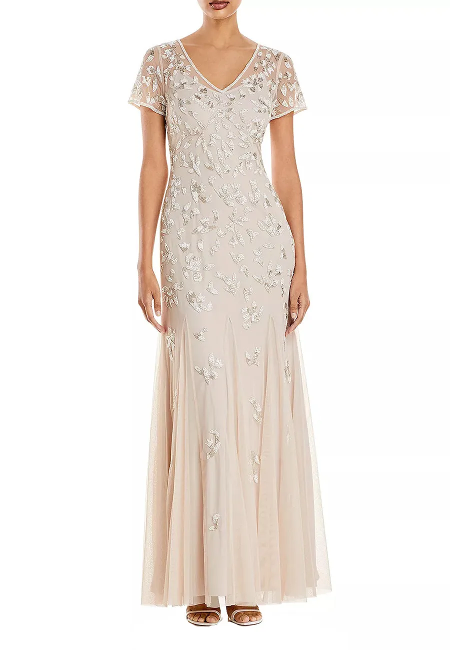 Beige V-Neck Beaded Godet Gown