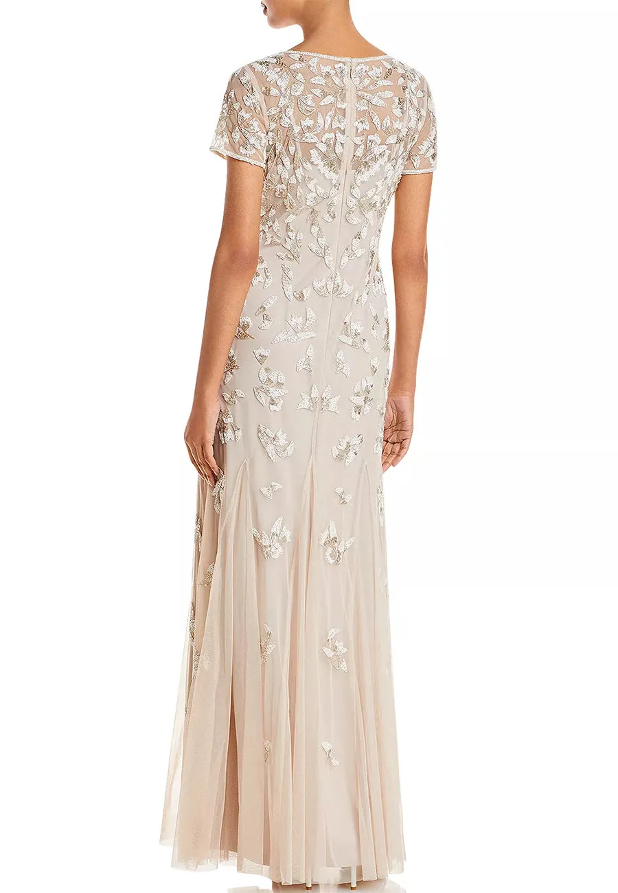 Beige V-Neck Beaded Godet Gown