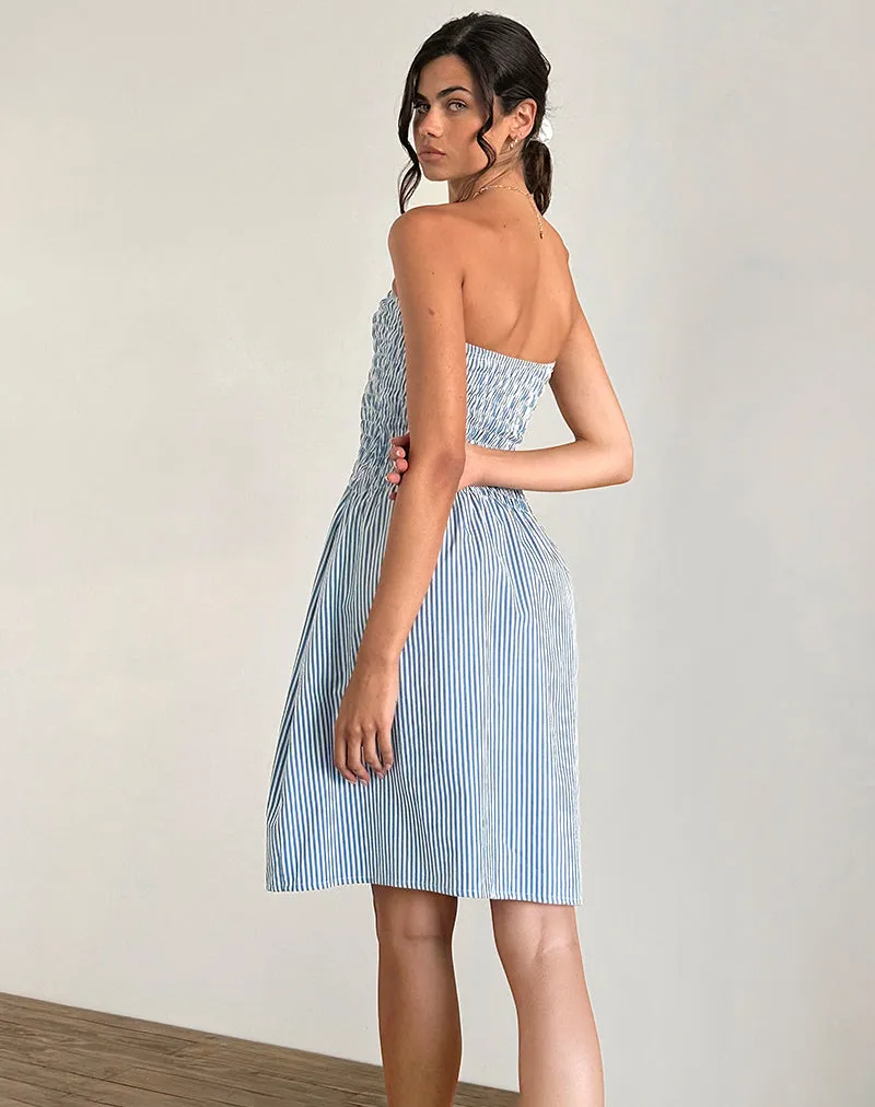 Belesi Midi Dress in Blue Small Vertical Stripe