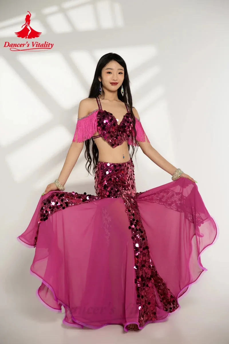 Belly Dance Performance Costumes for Women Big Sequins Bra Top long Skirt 2pcs Oriental Belly Dance Competiton Weat Clothing