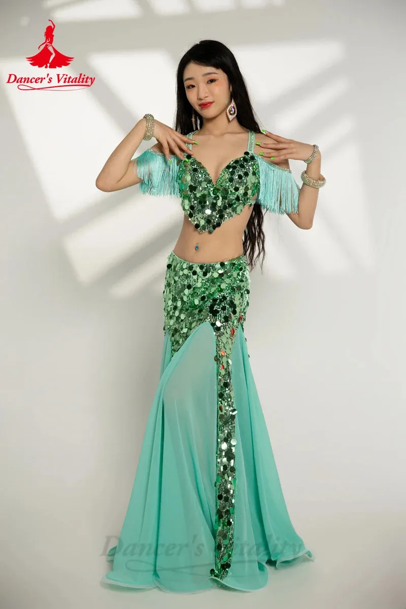 Belly Dance Performance Costumes for Women Big Sequins Bra Top long Skirt 2pcs Oriental Belly Dance Competiton Weat Clothing