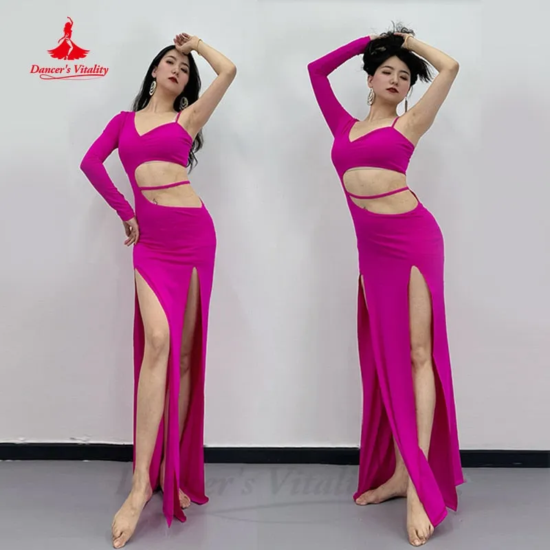 Belly Dance Practice Performance Clothing Spandex Grade Waist Baring Double Split Dress for Women Shaabi Baladi Training Dresses