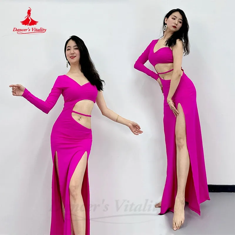 Belly Dance Practice Performance Clothing Spandex Grade Waist Baring Double Split Dress for Women Shaabi Baladi Training Dresses