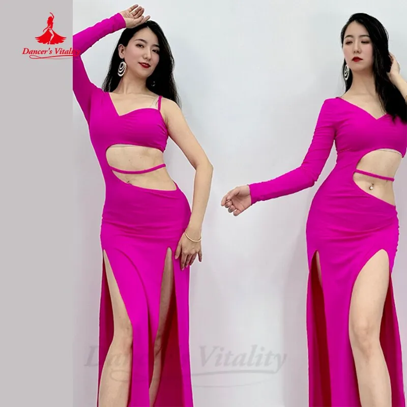 Belly Dance Practice Performance Clothing Spandex Grade Waist Baring Double Split Dress for Women Shaabi Baladi Training Dresses