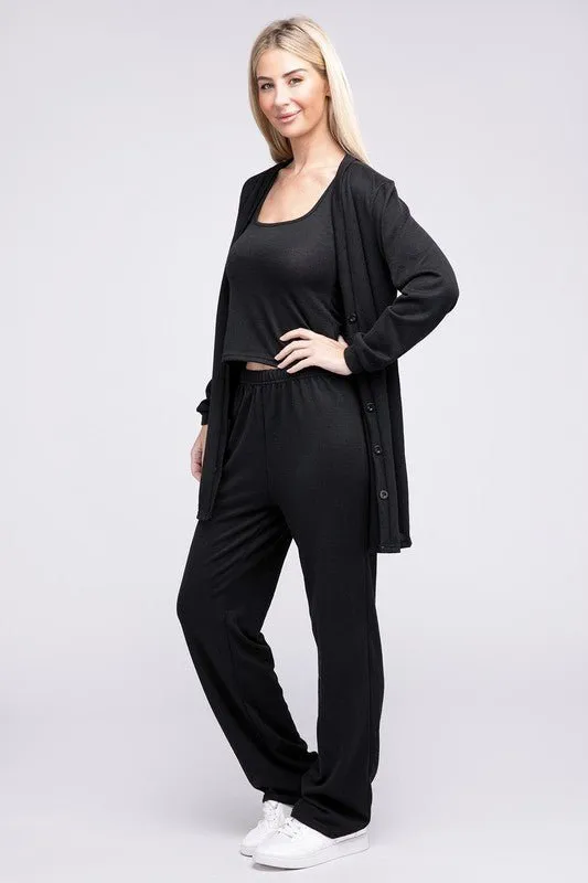 Black Tank Top & Pants & Cardigan Set