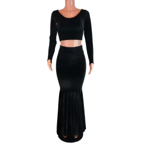 Black Velvet Morticia Outfit - Mermaid Long Fit n Flare Skirt and Long Sleeve Crop Top