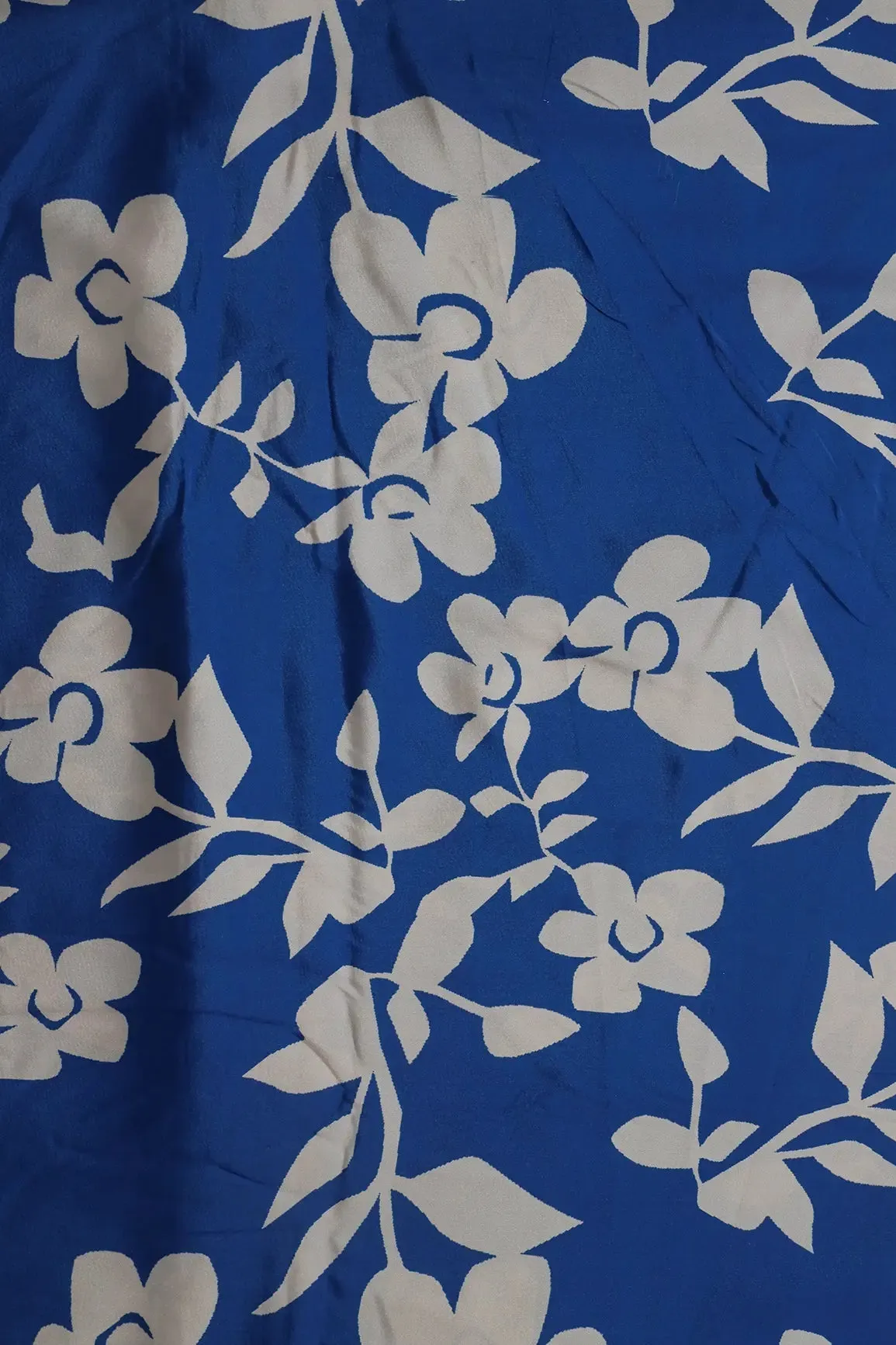 Blue And Cream Floral Pattern Digital Print On French Crepe Fabric