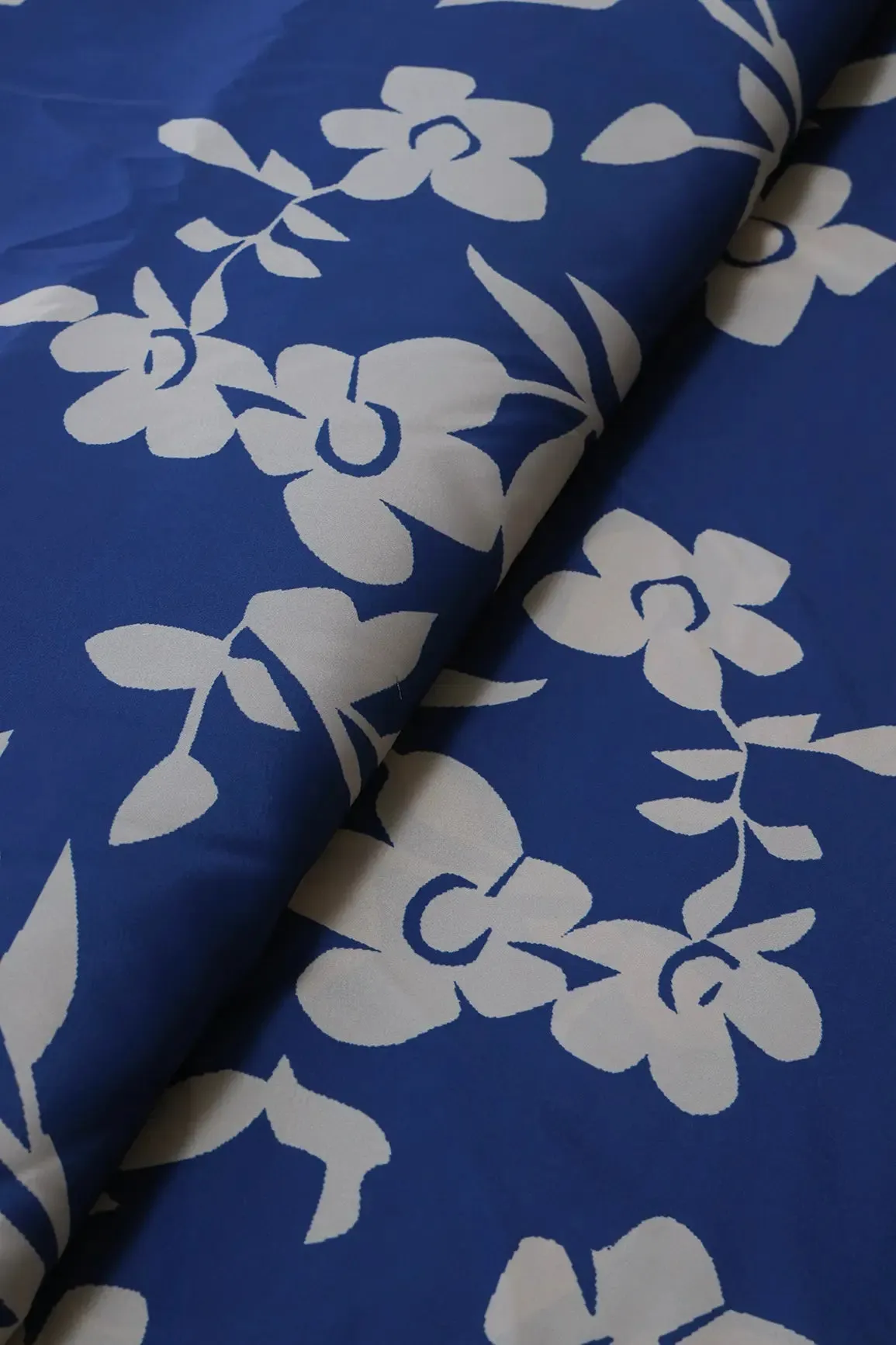 Blue And Cream Floral Pattern Digital Print On French Crepe Fabric