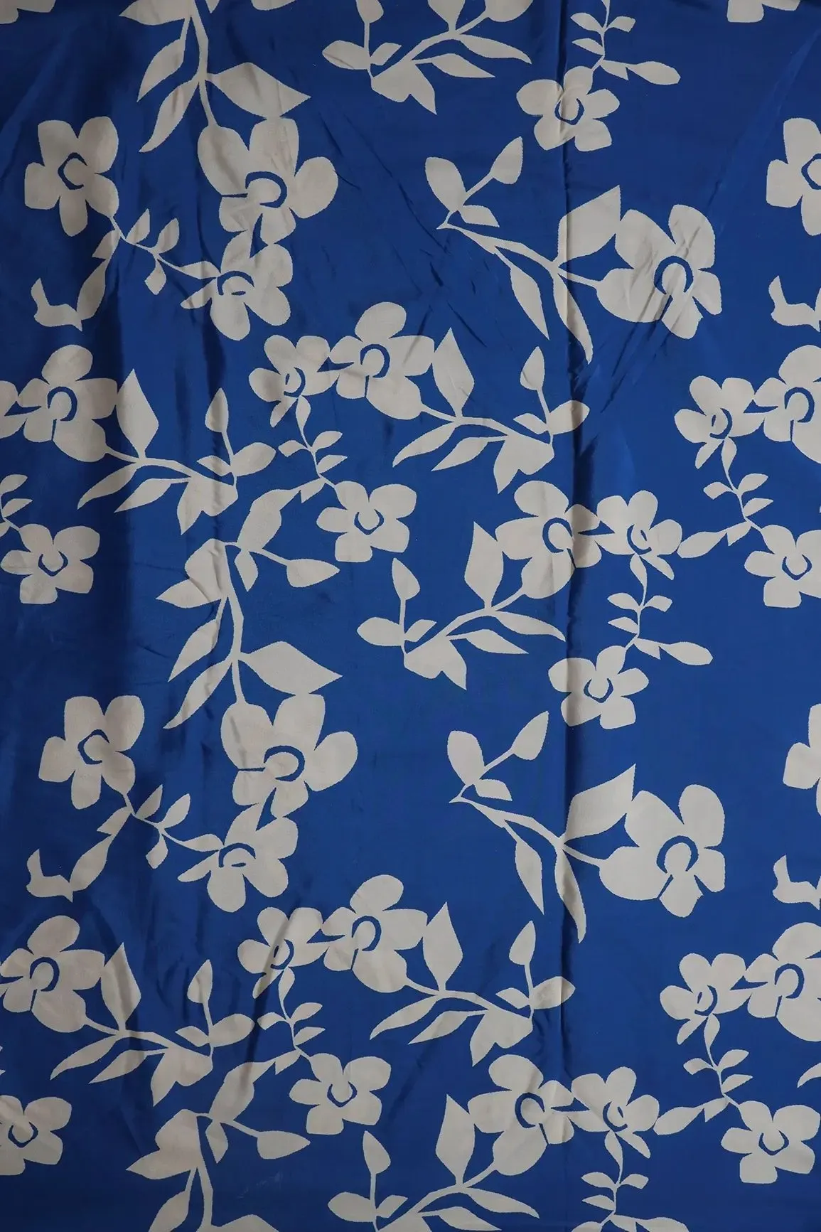 Blue And Cream Floral Pattern Digital Print On French Crepe Fabric