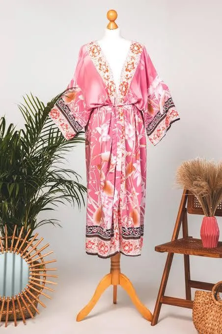 Bohemian Kimono, Pink Crane  Floral Print Sashes Women Bohemian V Neck Batwing Sleeves Blouses Robe Kimono Cover-up