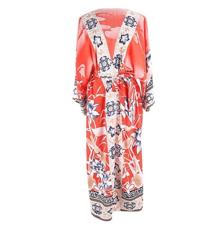 Bohemian Kimono, Pink Crane  Floral Print Sashes Women Bohemian V Neck Batwing Sleeves Blouses Robe Kimono Cover-up