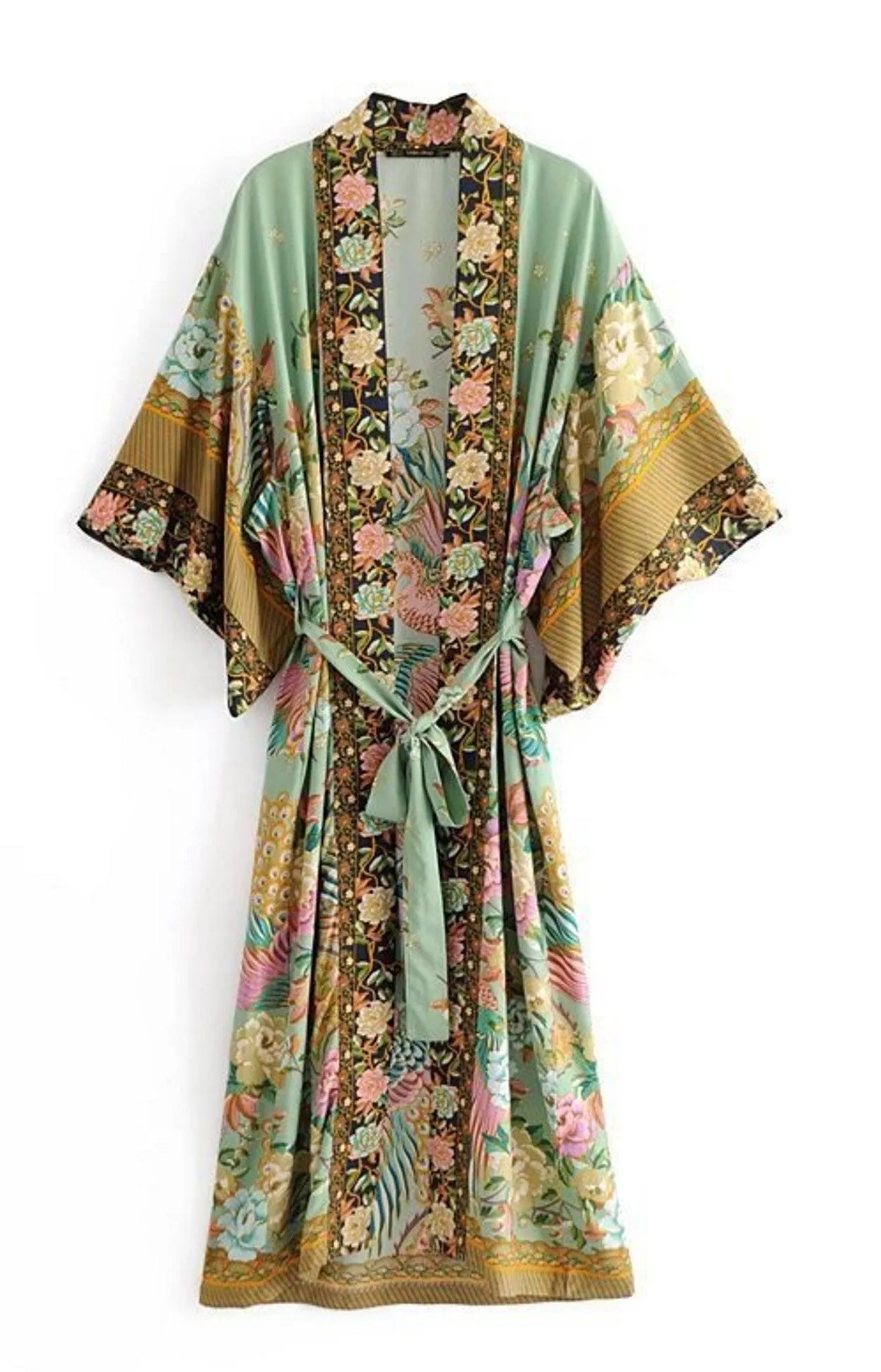 Bohemian Peacock Floral Print Bat Sleeve Kimono, Beach Bohemian Kimono, Maxi Robe Ladies V Neck Boho Summer Bikini Cover-up