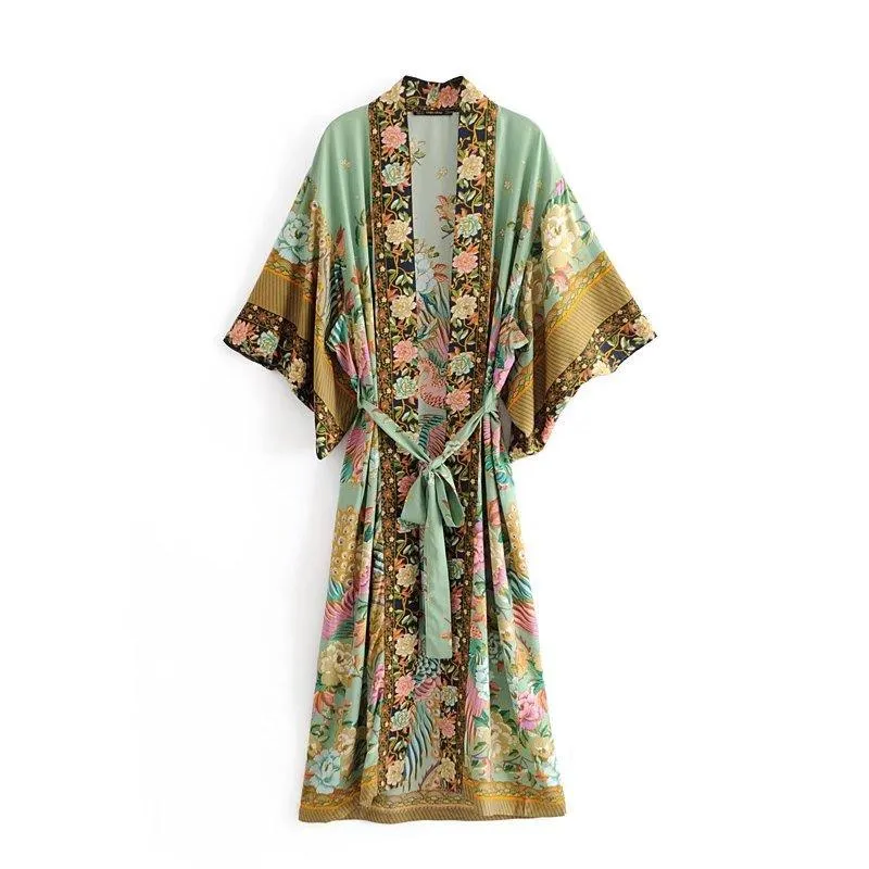 Bohemian Peacock Floral Print Bat Sleeve Kimono, Beach Bohemian Kimono, Maxi Robe Ladies V Neck Boho Summer Bikini Cover-up