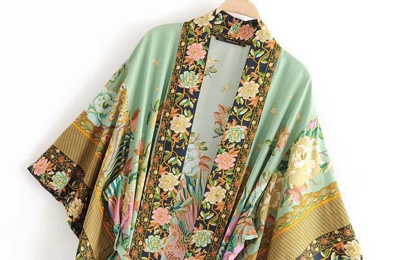 Bohemian Peacock Floral Print Bat Sleeve Kimono, Beach Bohemian Kimono, Maxi Robe Ladies V Neck Boho Summer Bikini Cover-up