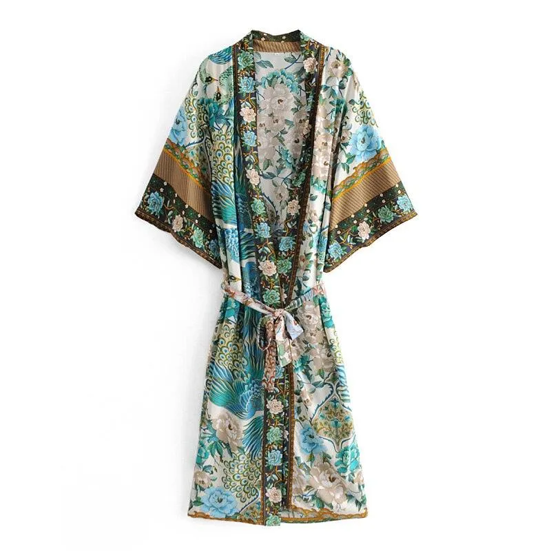 Bohemian Peacock Floral Print Bat Sleeve Kimono, Beach Bohemian Kimono, Maxi Robe Ladies V Neck Boho Summer Bikini Cover-up