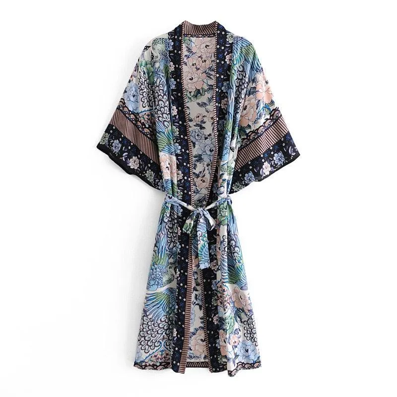 Bohemian Peacock Floral Print Bat Sleeve Kimono, Beach Bohemian Kimono, Maxi Robe Ladies V Neck Boho Summer Bikini Cover-up