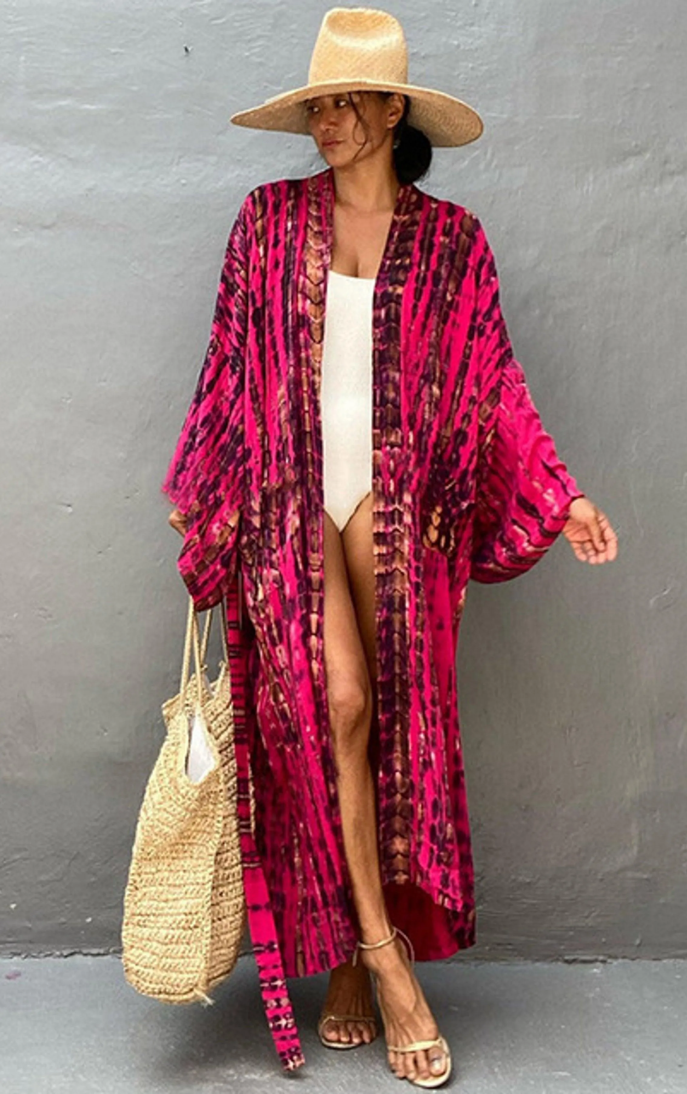 Bohemian striped Print V-neck batwing Sleeves Sashes Kimono, Kimono robe Ladies Boho Maxi Bikini Cover-up