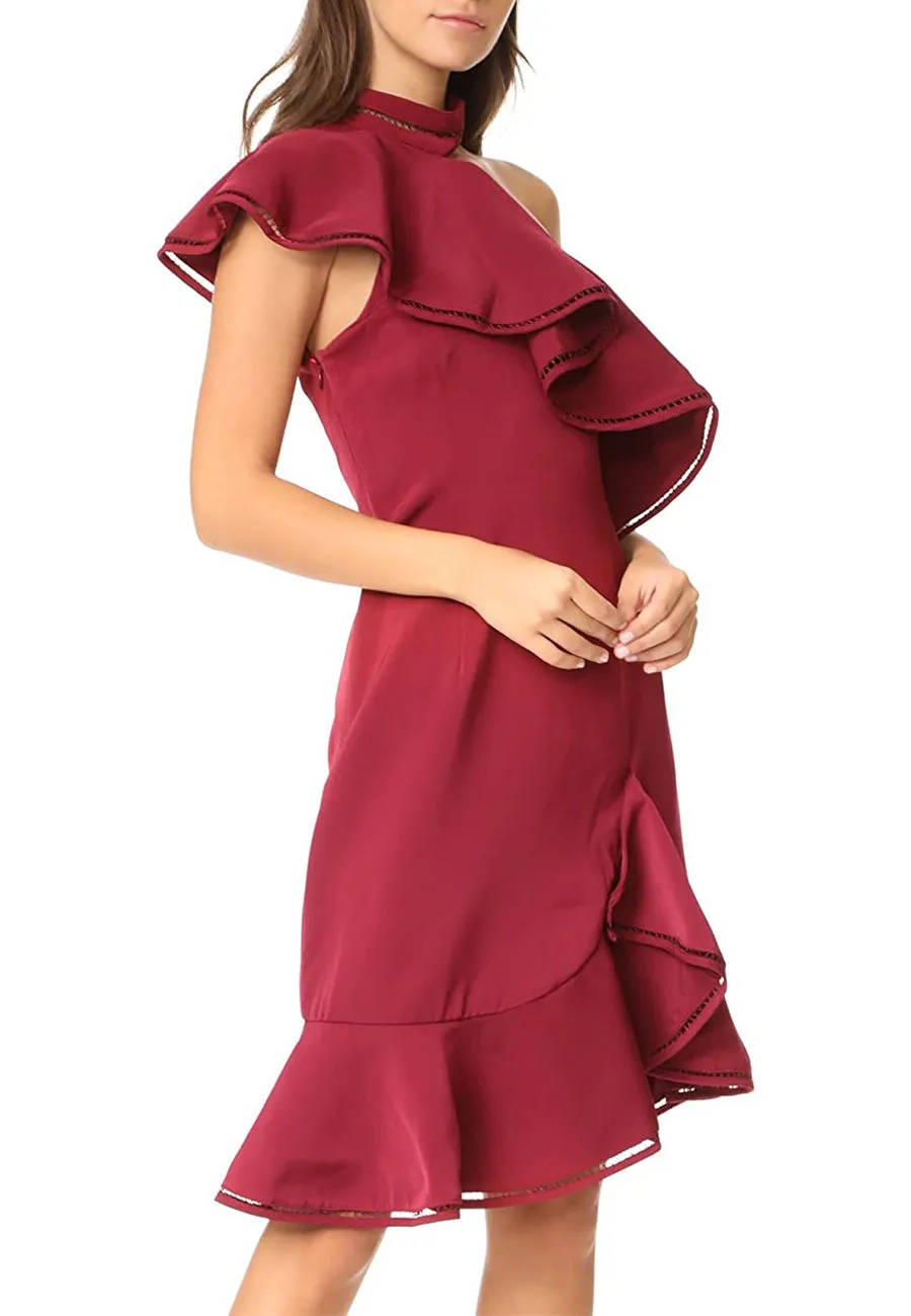 Burgundy Lover Holiday One Shoulder Ruffled Mini Dress