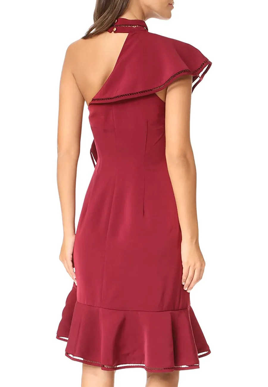 Burgundy Lover Holiday One Shoulder Ruffled Mini Dress