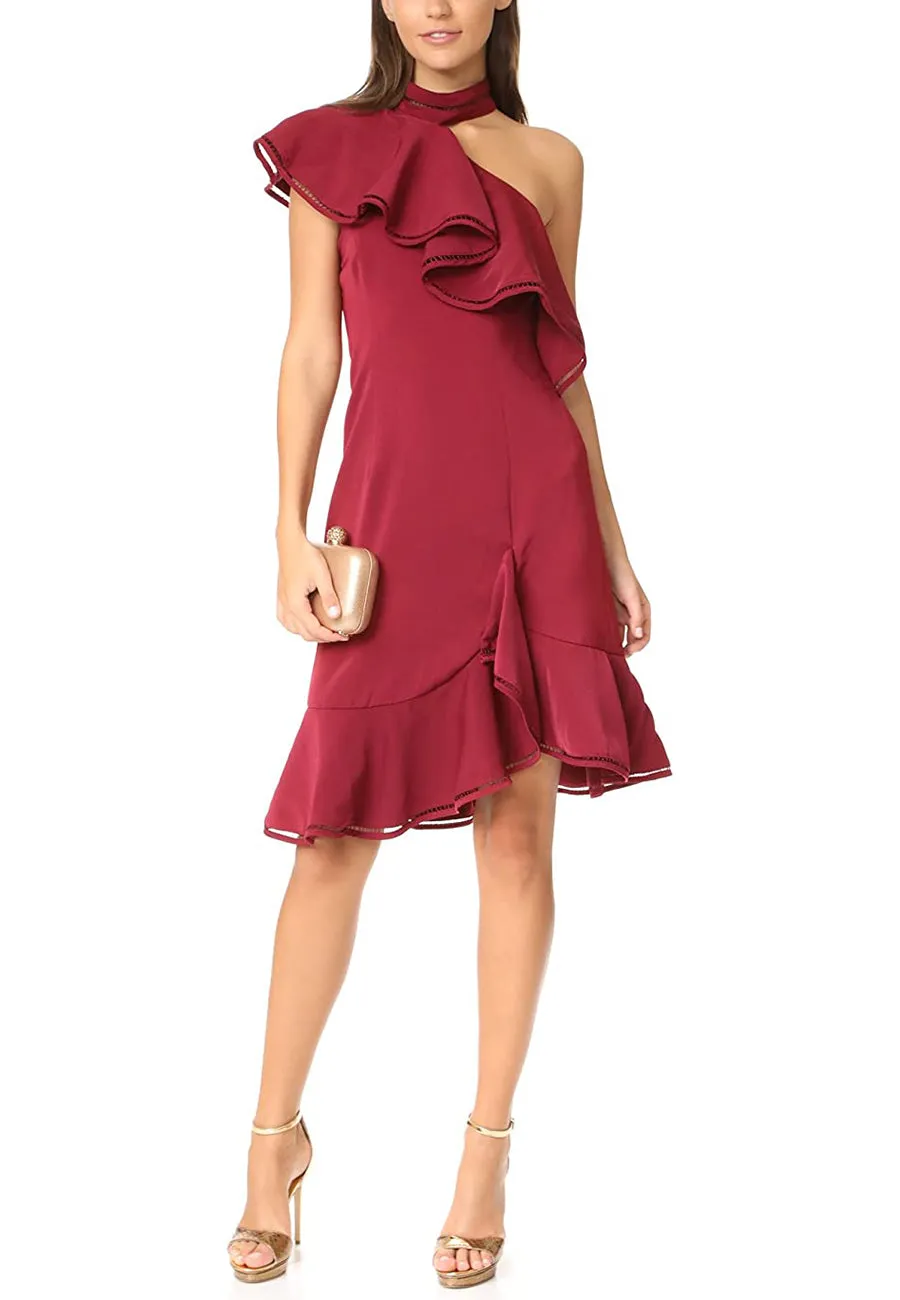 Burgundy Lover Holiday One Shoulder Ruffled Mini Dress