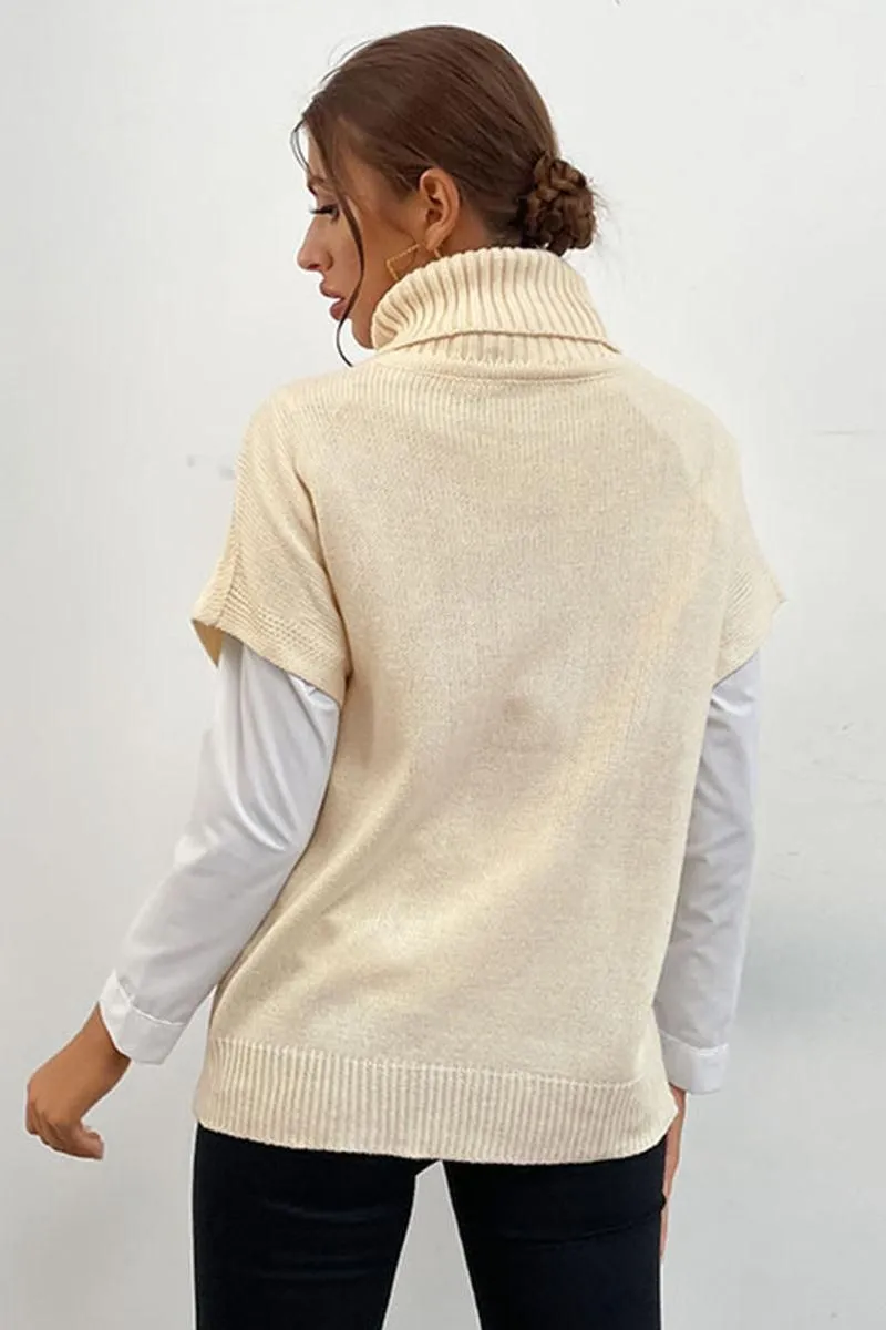 CABLE KNIT TURTLE NECK SHORT SLEEVE SWEATER