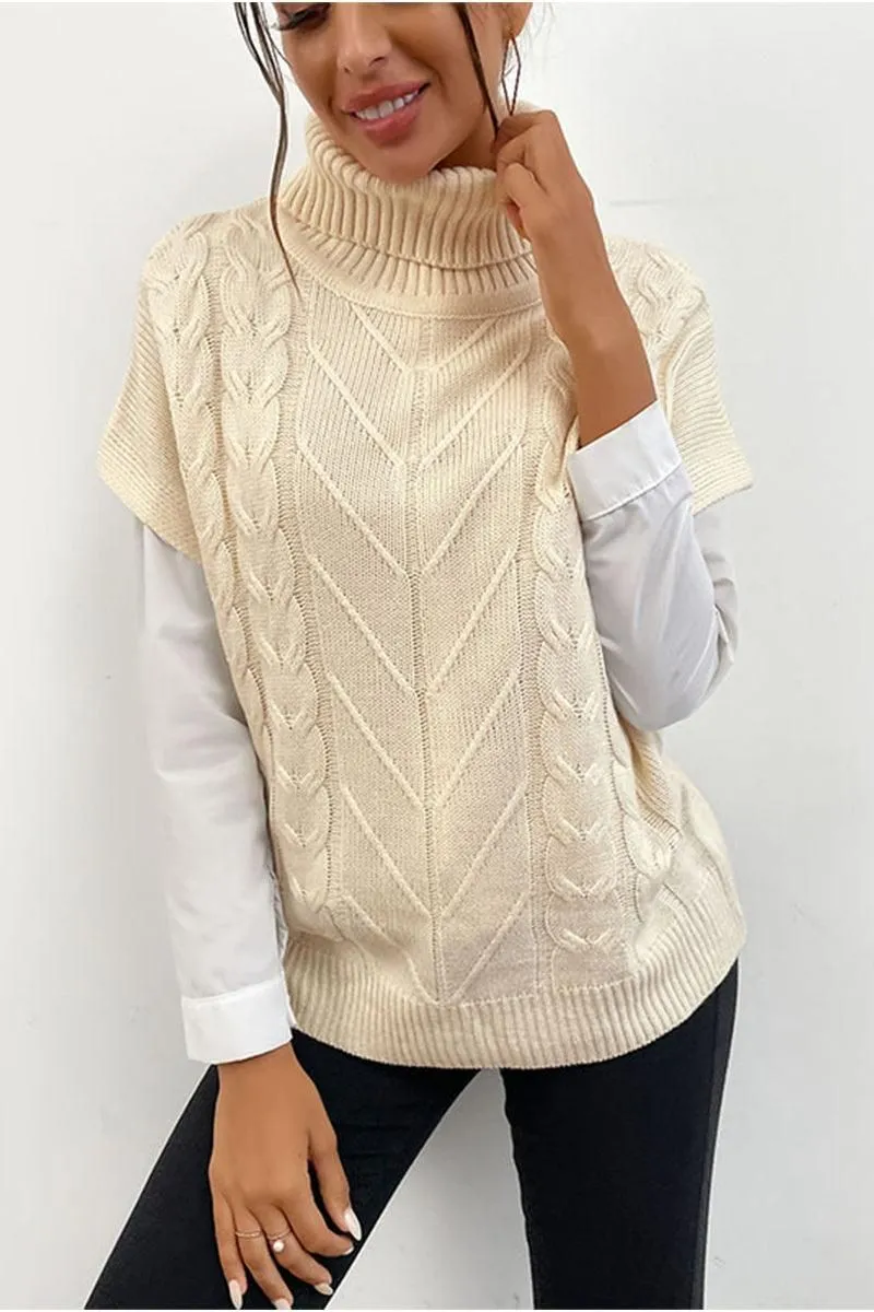 CABLE KNIT TURTLE NECK SHORT SLEEVE SWEATER