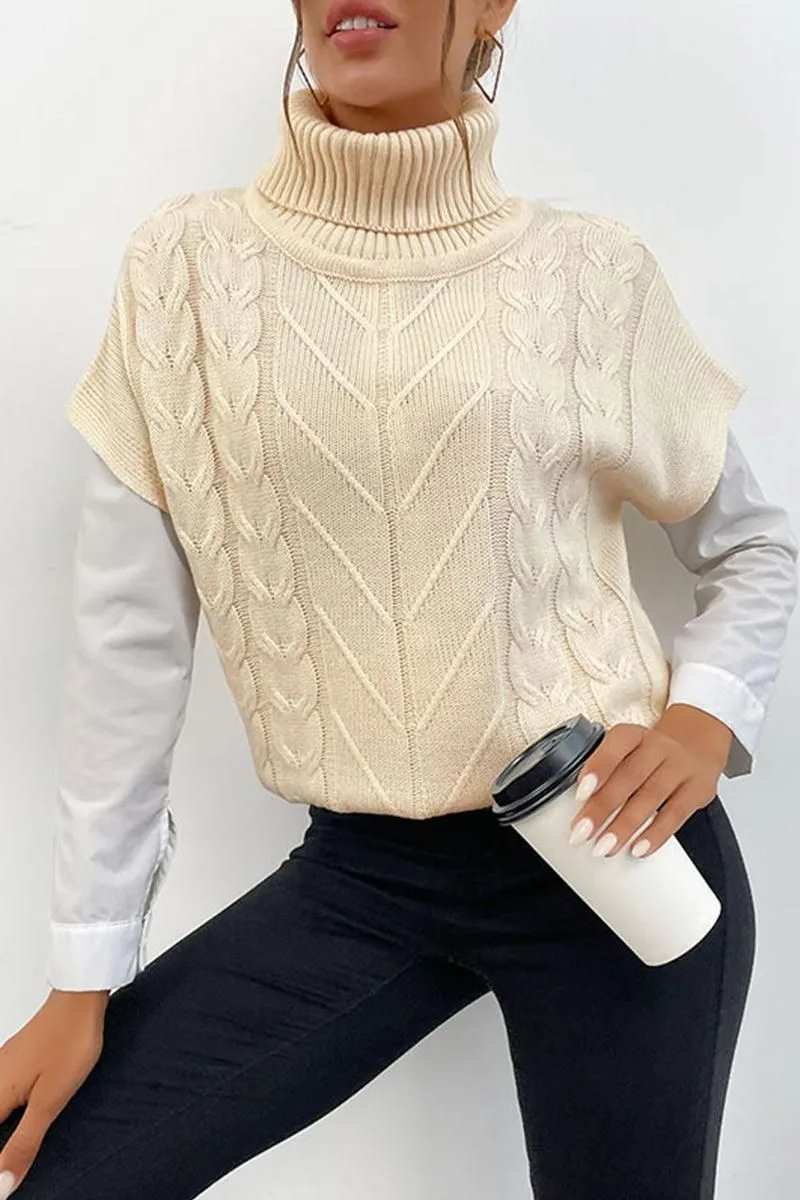 CABLE KNIT TURTLE NECK SHORT SLEEVE SWEATER