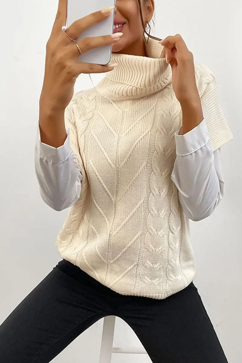 CABLE KNIT TURTLE NECK SHORT SLEEVE SWEATER