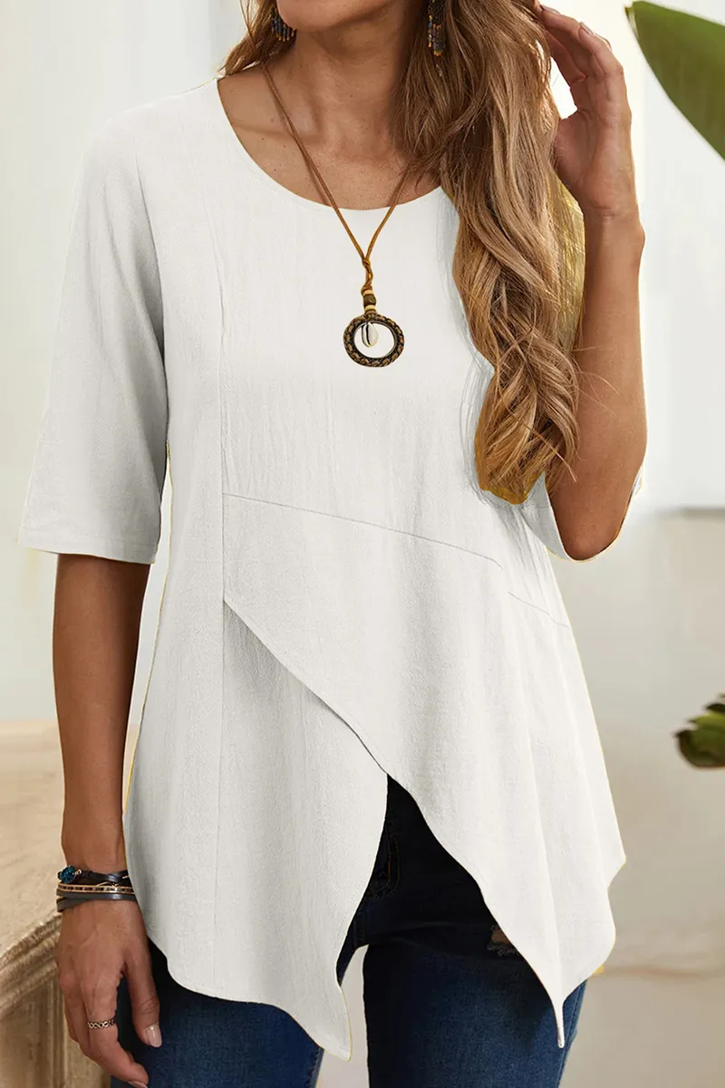 Casual Solid Slit O Neck T-Shirts