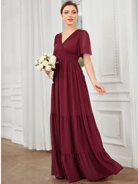 Chiffon Short Sleeve V-Neck Vintage Prairie Floor-Length Bridesmaid Dress