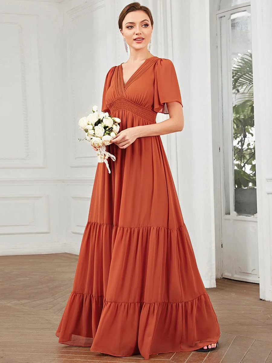 Chiffon Short Sleeve V-Neck Vintage Prairie Floor-Length Bridesmaid Dress