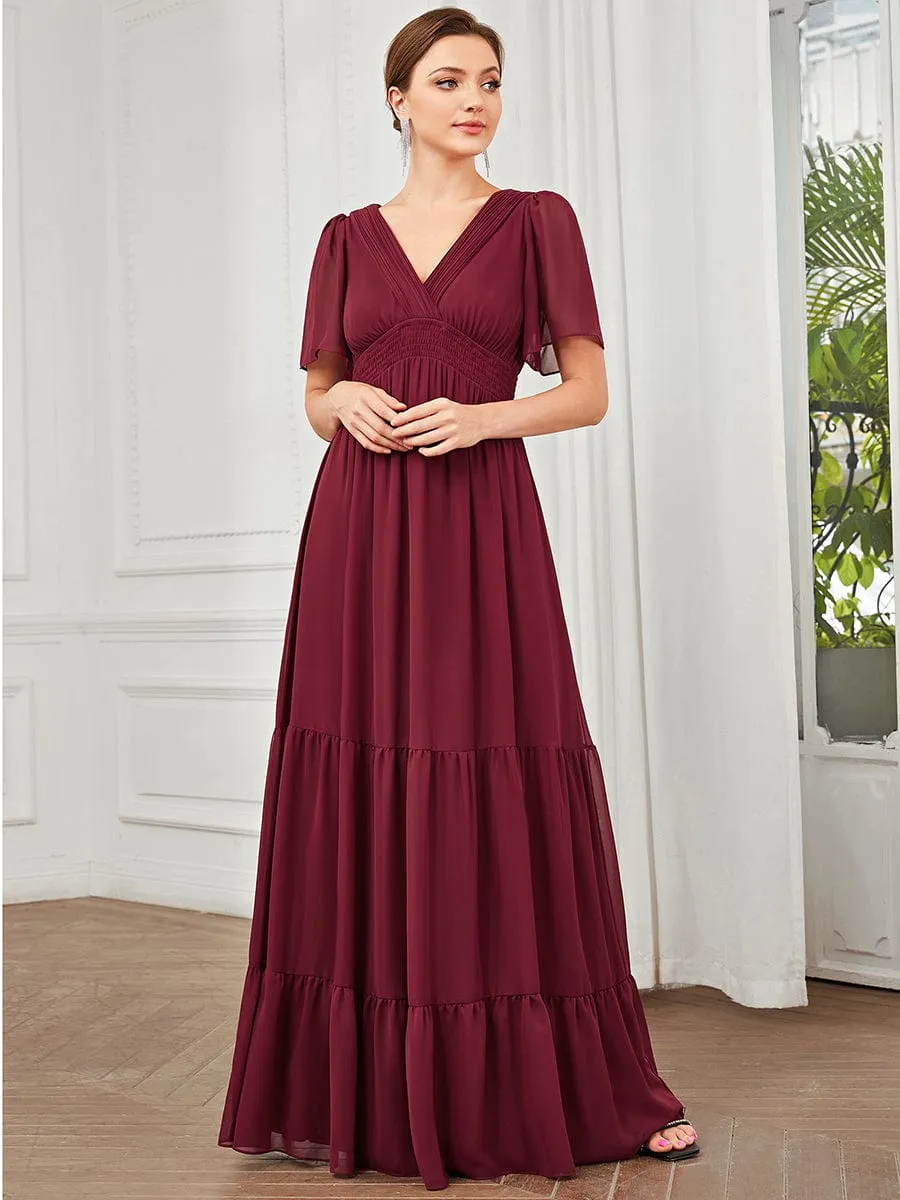 Chiffon Short Sleeve V-Neck Vintage Prairie Floor-Length Bridesmaid Dress