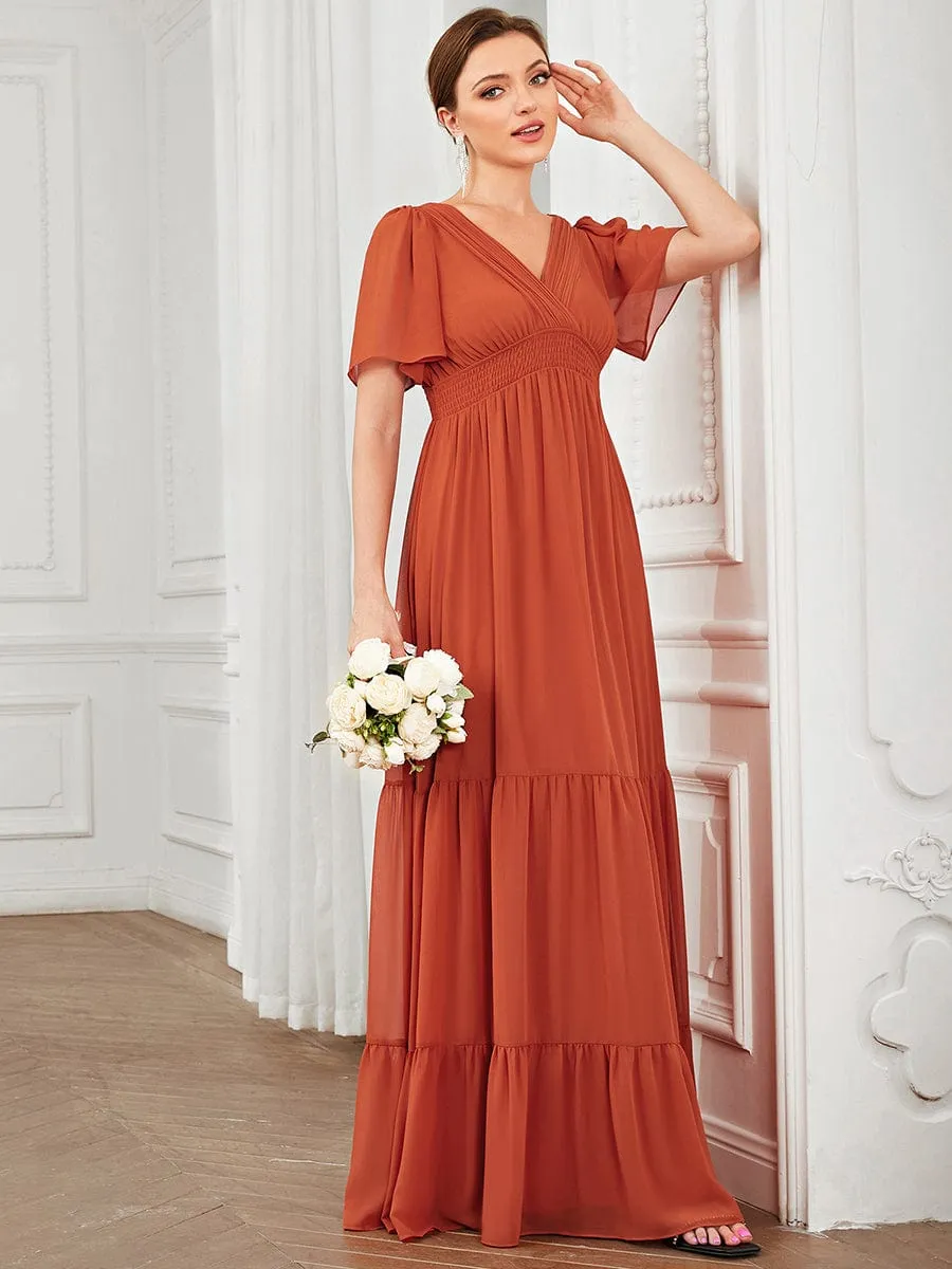 Chiffon Short Sleeve V-Neck Vintage Prairie Floor-Length Bridesmaid Dress