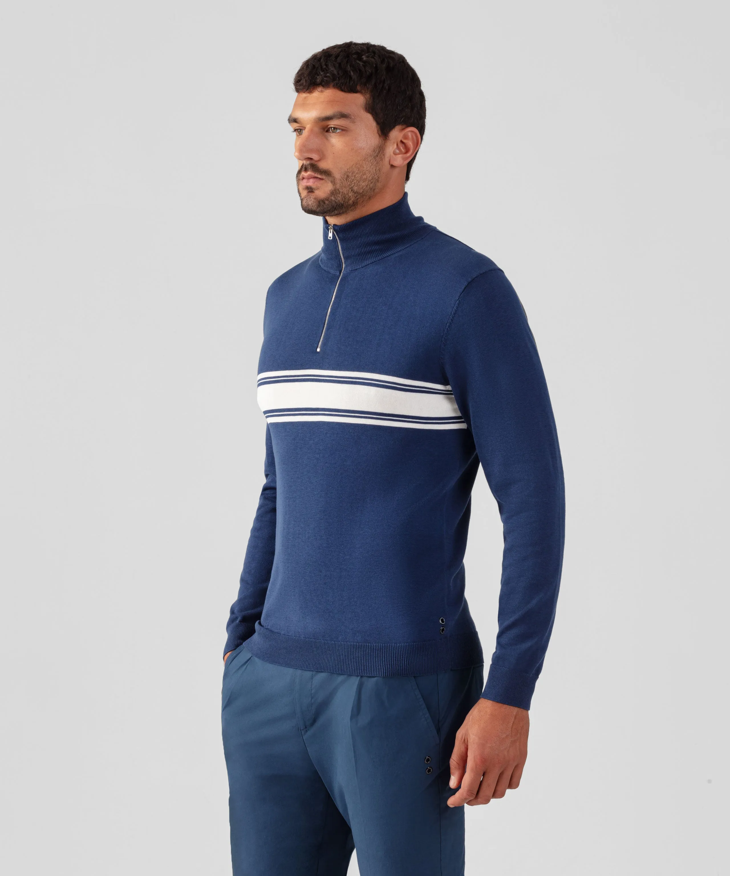 Cotton-Silk Long Sleeved RD Polo: Deep Blue