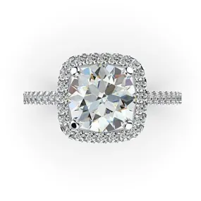 Cushion Cut Diamond Halo Engagement Ring 18K White Gold Setting