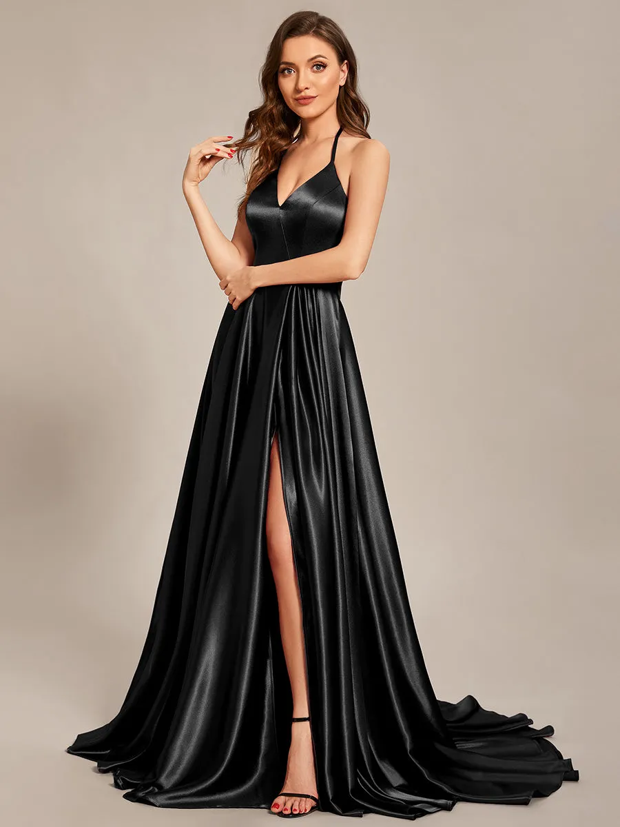 Deep V-Neck Bandage Backless Side Split Spaghetti Straps Evening Dresses