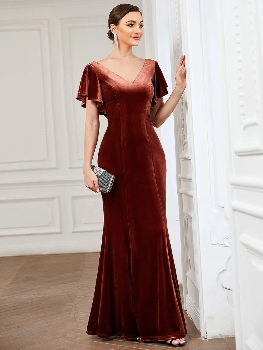 Deep V Neck Fishtail Wholesale Evening Dresses with Ruffles Sleeves