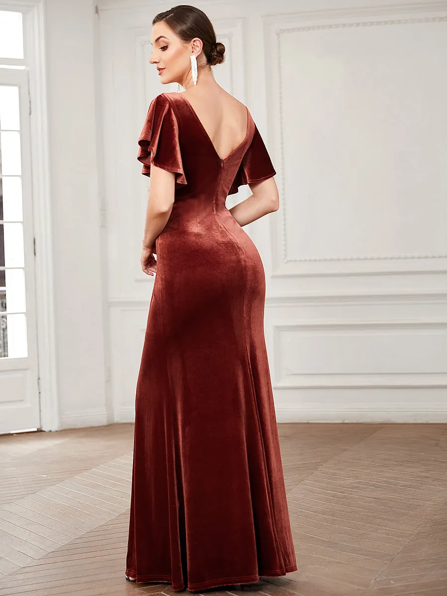 Deep V Neck Fishtail Wholesale Evening Dresses with Ruffles Sleeves