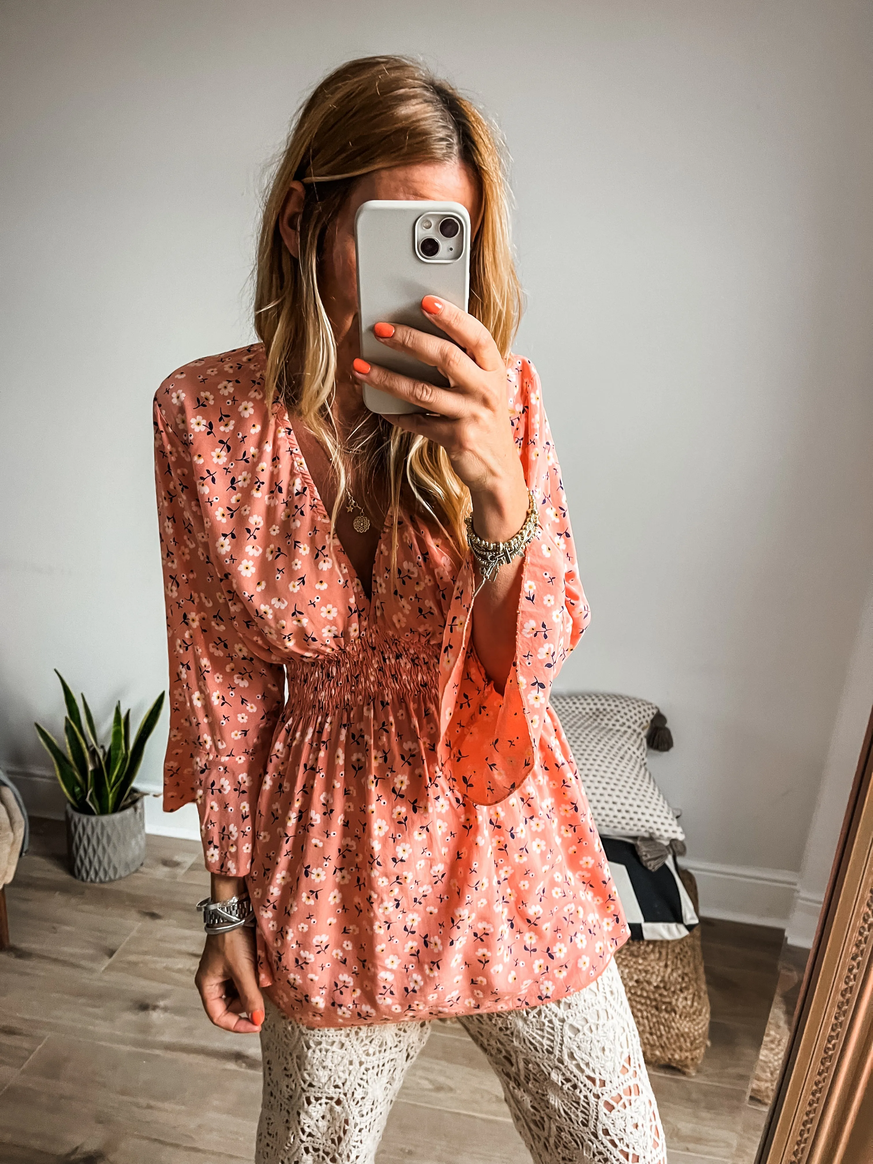 Ditsy Print Shirred Top