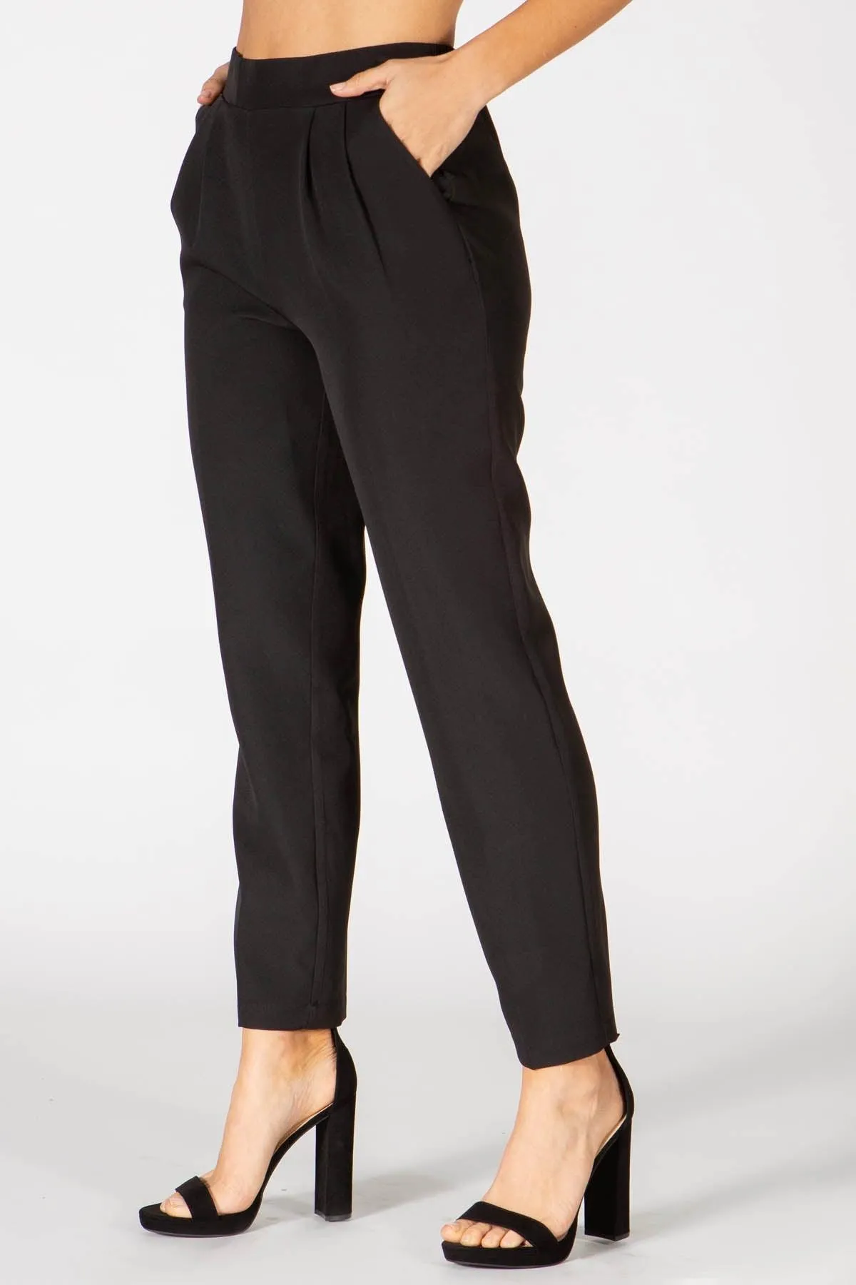 Double Front Pleated Ankle Pants With Pockets - Black