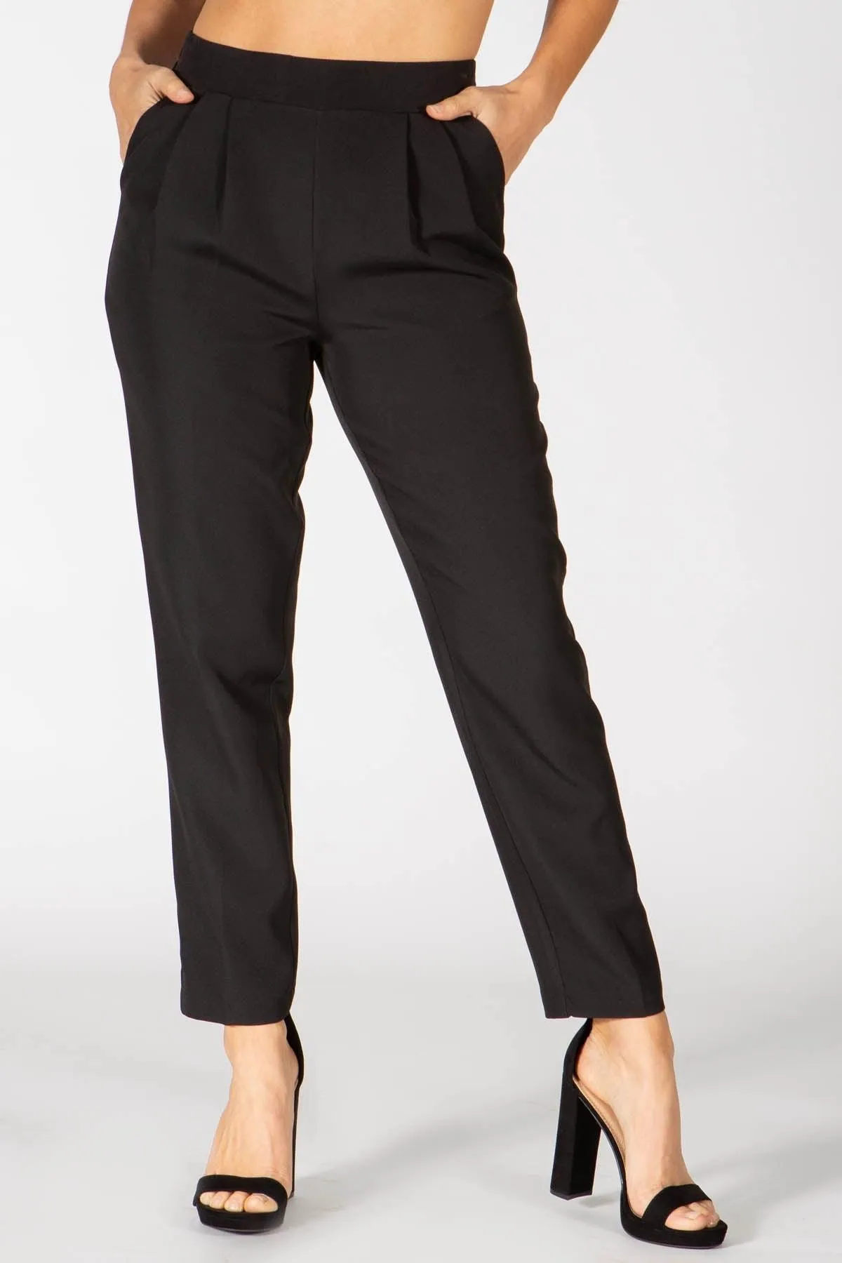 Double Front Pleated Ankle Pants With Pockets - Black